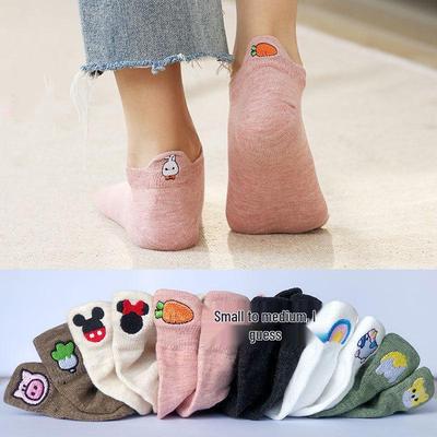 Spring-Summer Women's Cotton Cartoon Socks: Rabbit, Carrot, and Smiley Face Embroidery.