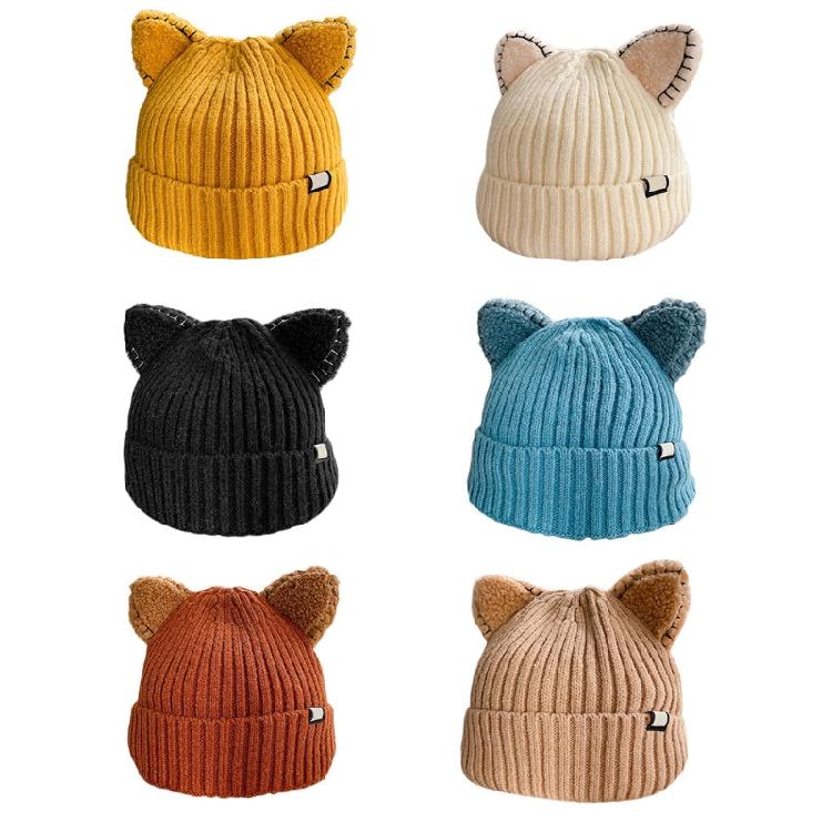 Kawaii for Cat Ears Hats Cute Cap Solid Color Hat Wool Knit Hat Earprotect All-m