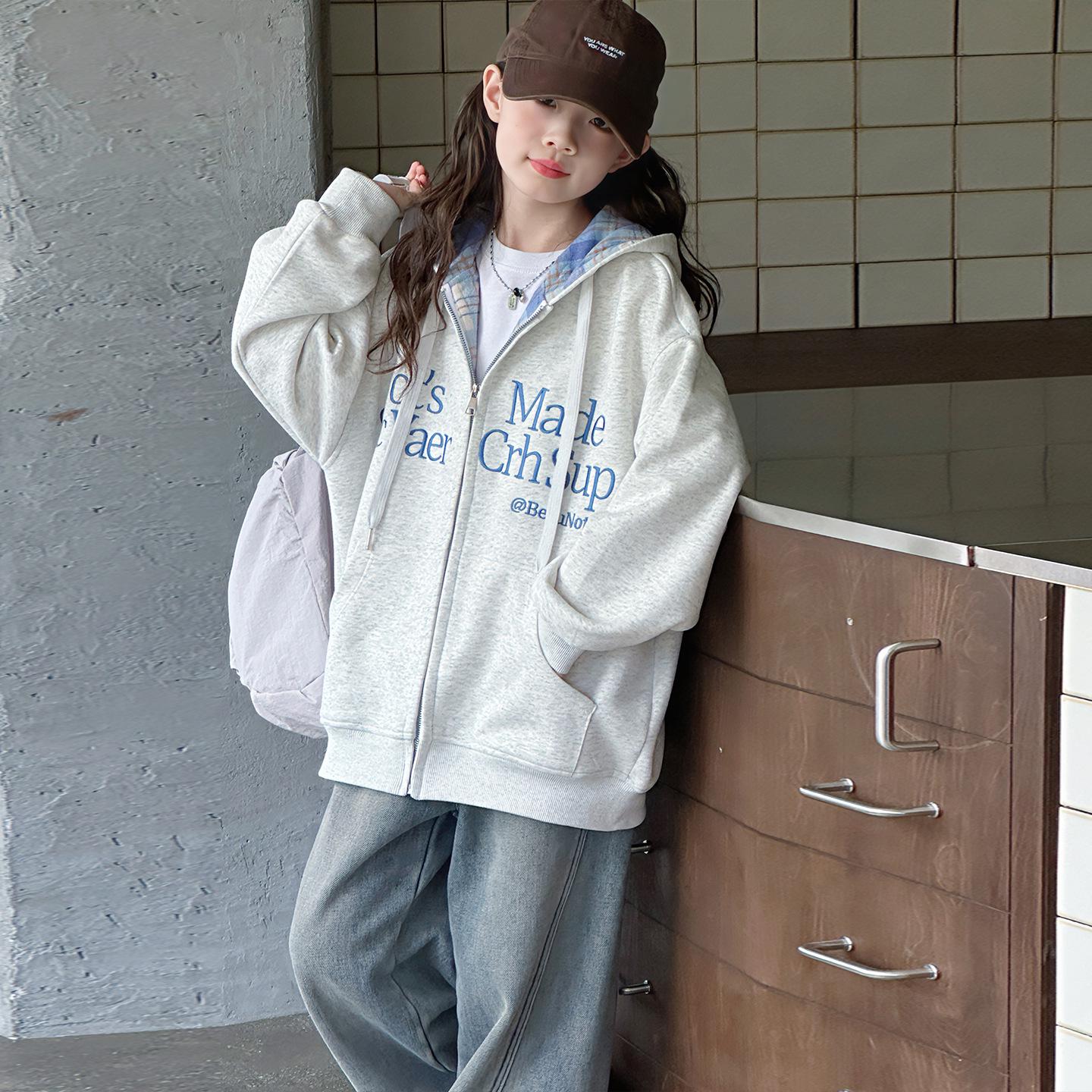 Girls Korean-Style Hoodie Jacket - 2026 Spring/Autumn Casual Fashionable Hooded Top for Children 170 cm