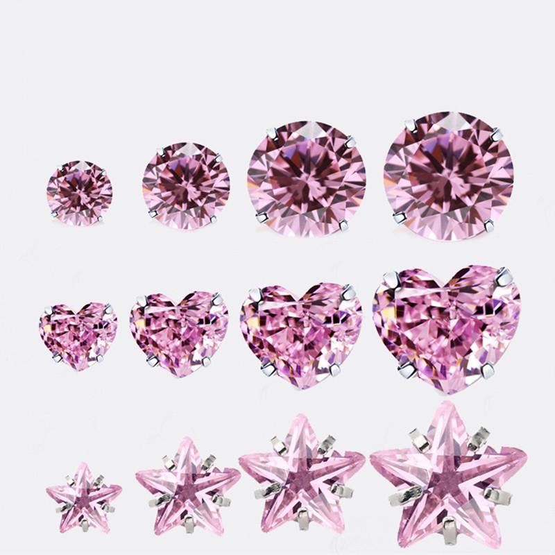 Beixi s925 Sterling Silver Heart Shape Pink Cubic Zirconia Non-Piercing Cartilage Studs for Women 3mm