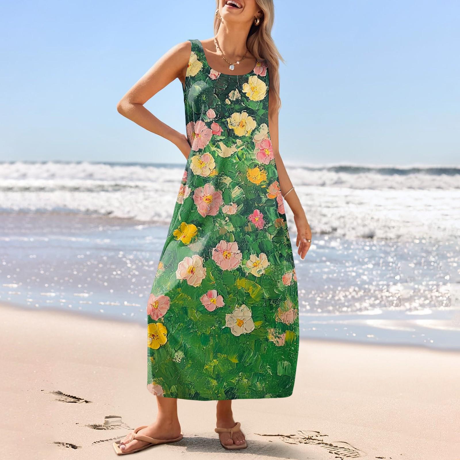 

Женский повседневный длинный сарафан, летнее пляжное платье, круглый вырез, без рукавов, свободный сарафан XXL зелёный