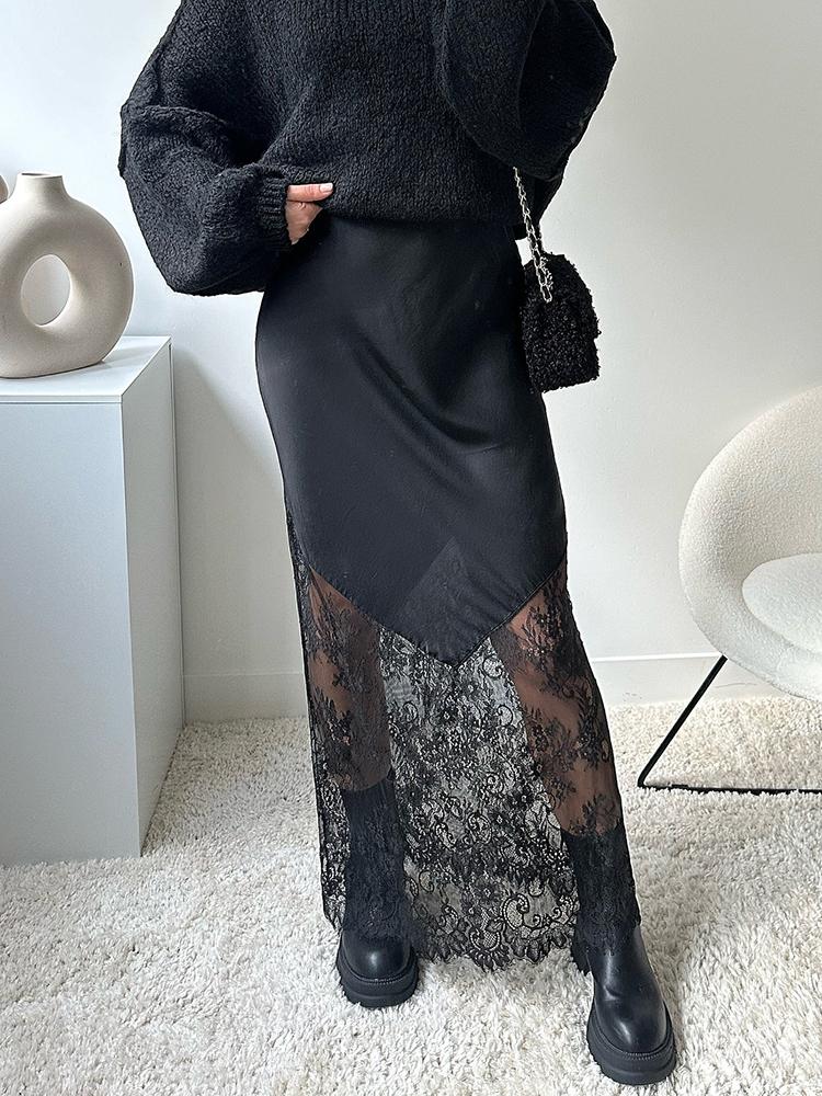 

Атласная кружевная длинная юбка женская элегантная с высокой талией свободная миди юбка осенне-зимняя базовая прямая юбка vestidos для вечеринки XL чёрный