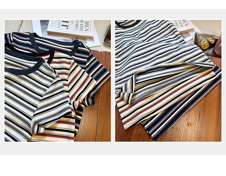 Women's American Retro Color Block Striped T-Shirt - 2025 Korean Style, Versatile Slim Fit, Round Neck