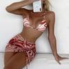 Women's Summer Fashion Sexy Texture Printing Backless Lace-up  Waist Pleated Knotted Bikini Three-pieces Swimsuit