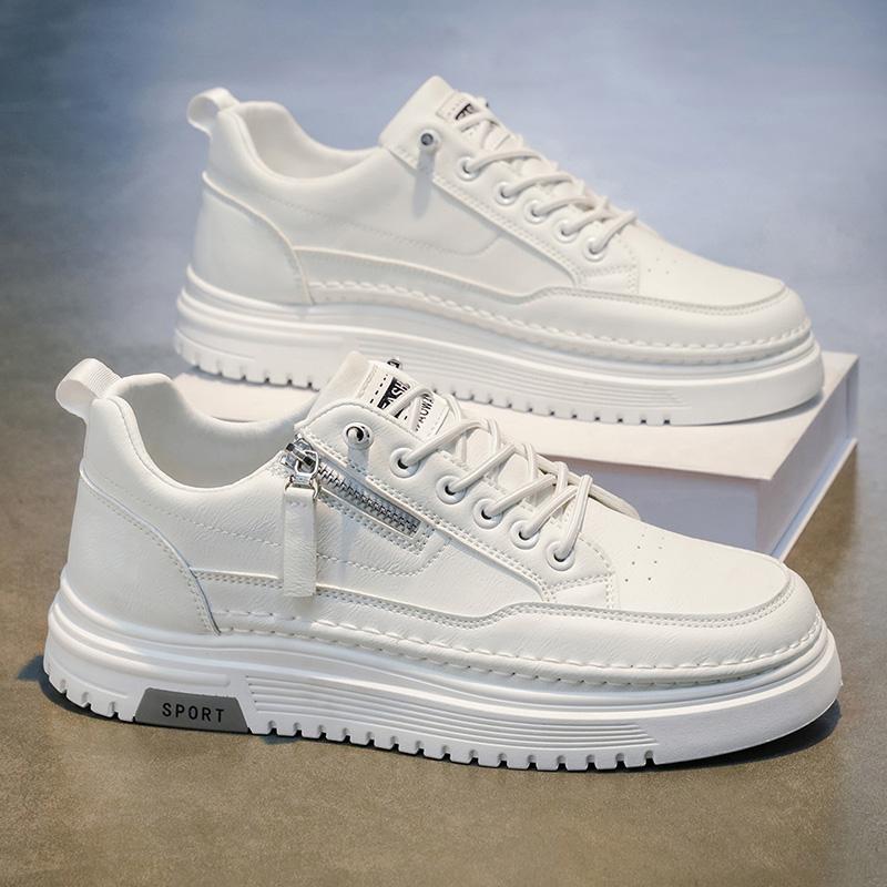 Men's Slip-On Sports Shoes Soft Bottom Casual All-Match Side Zipper Fashionable White Sneakers Spring Season Ultra-Leather