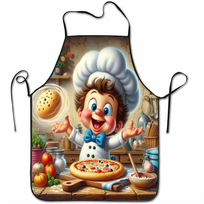 1pc Cartoon Chef Print Apron - Featuring a Playful Cartoon Chef As the Design Centerpiece with Vibrant and Eye-catching Food Prints - Unisex for Home