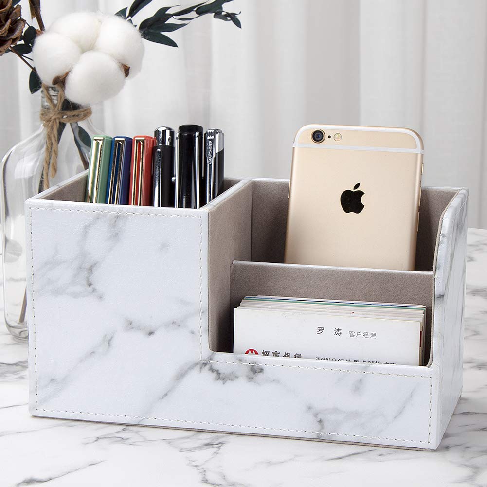 KINGFOM PU Leather Desk Stationery Organizer with Storage and Remote Control Holder Gray Marble Box, Pen/Pencil Stand, (Small, Pattern)