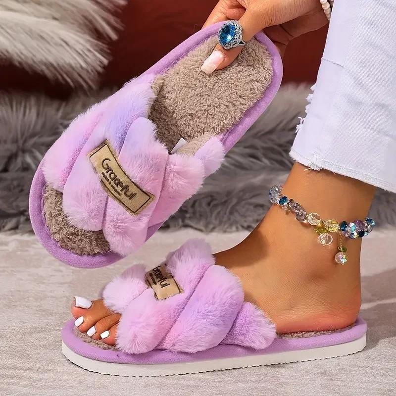 Fashion 2025 New Cross Fur Slippers Female Winter Outdoor Sexy Slippers Women Home Soft Plush Flat Shoes House Fluffy Band Slides Women