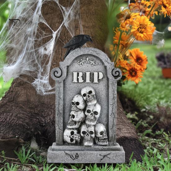 Spooky Holiday Exterior Decor Halloween Skull Tombstone, Stone Look Retro Gothic Resin Creepy Cemetery Scene Ornament Crow Gravestone for Outdoor