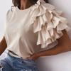 T-shirt damski z okrągłym dekoltem, nierozciągliwy, zapobiegający mechaceniu, z warstwowym falbankowym krótkim rękawem, bluzka odzież damska