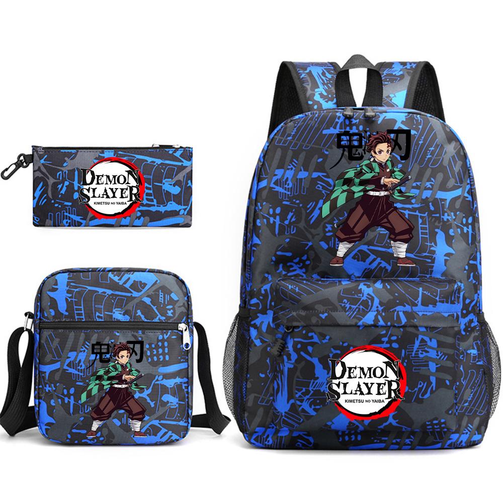3Pcs/set Anime Printed Demon Slayer Backpack with Shoulder Bag Pencil Case for Teen Student Boy Girl Large Capacity Waterproof Bookbag Travel Bag