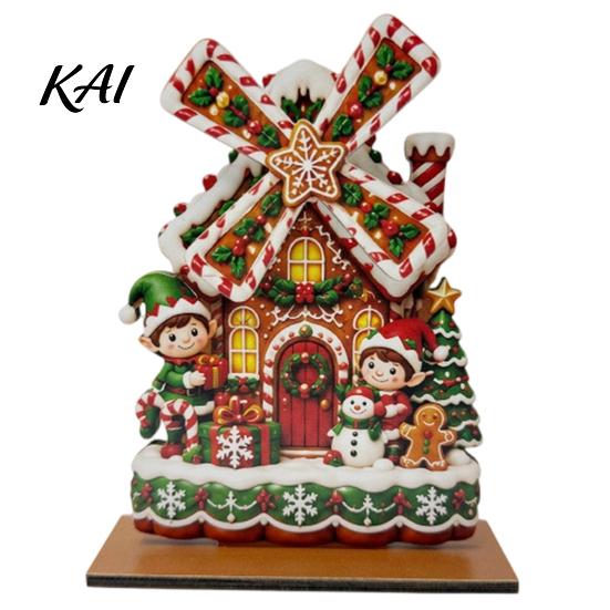 Holiday Seasonal Room Decor Christmas Windmill Wooden Ornament, Decorative Craft with Rotating Ornament Blades, Handmade Figurine for Home Tabletop