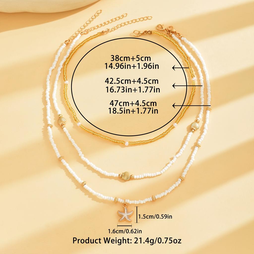 3 Pieces Women Fashion Choker Necklaces Shell Starfish Pendant Pearl Beads Golden Beads Minimalist Style Summer Beach Vacation Gift