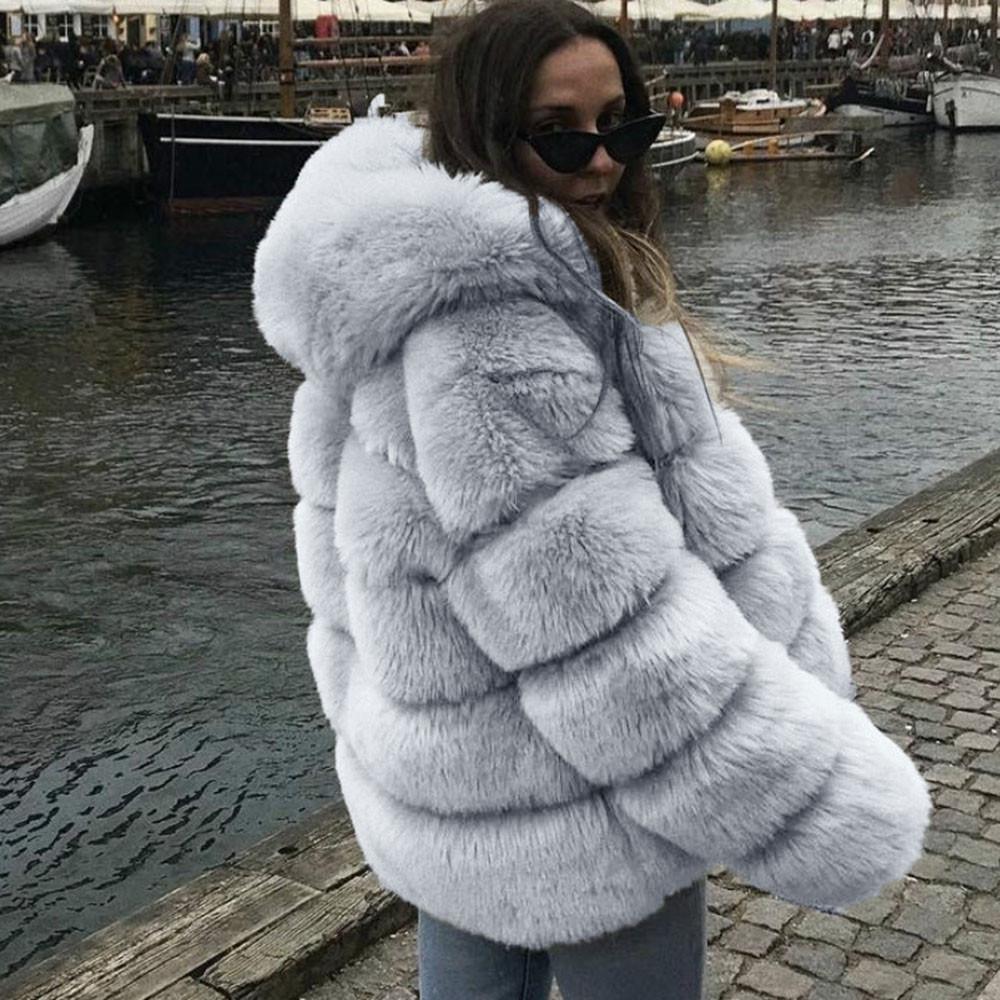 2024 Thickened Plush Coat with Hood - Long Sleeve Faux Rabbit Fur
