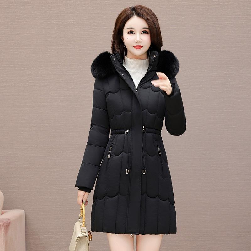 European and American winter cotton-padded women's new medium and long waist thickened cotton-padded jacket new cotton-padded coat big fur collar jack