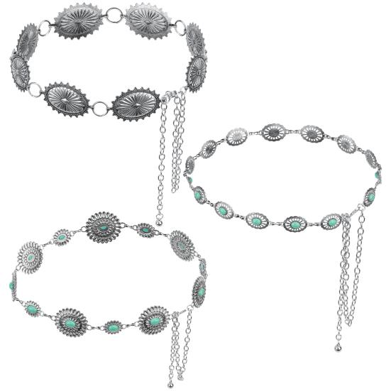 

3Pcs Women Concho Western Chain Belts, Artificial Turquoise Hollow Waist Belts, Adjustable Country Metal Belt for Skirt, Dress, Jeans Decor, Silver серебряный