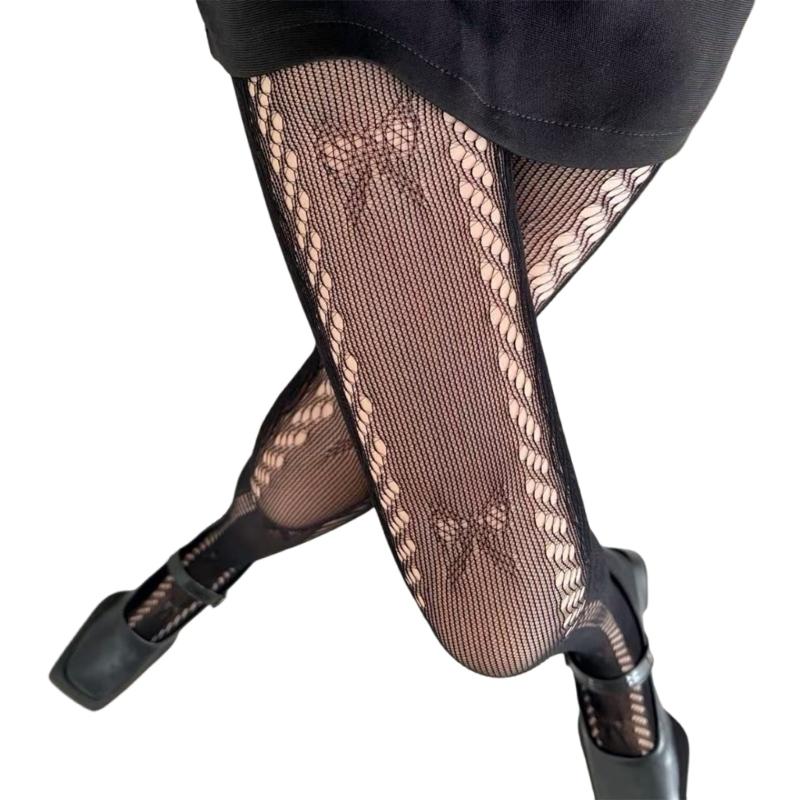 Bowknot Twist Stripe Jacquard Sheer Pantyhose With Breathable Lace Design Solid Color Hollowout Fishnet Tights for Women