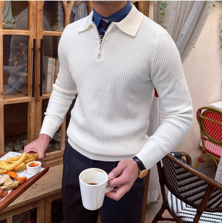 Men s British Style Slim Fit Half-Zip Pullover Sweater - High Neck, Lightly Mature, Gentlemanly Simple Knitwear for Spring and Autumn. Medium белый