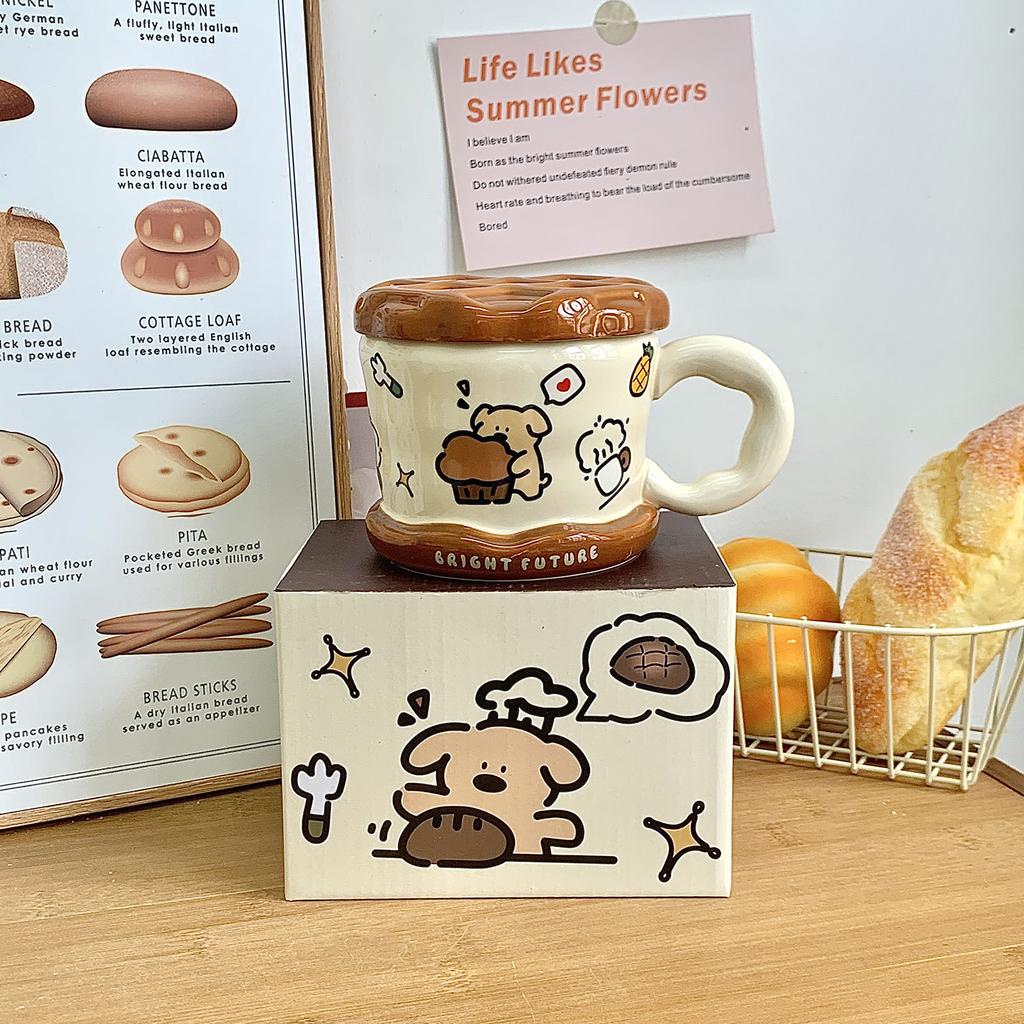 Cute Puppy Mug With Lid Ceramic Cup Large Capacity Household Water Cup Office Coffee Breakfast Cup Children