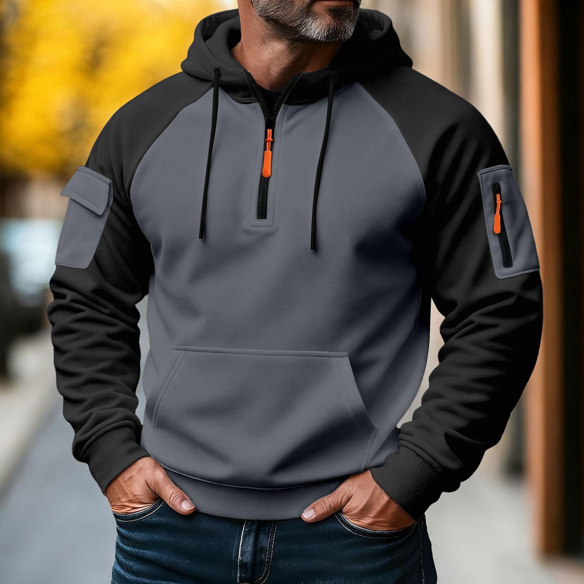 Mens Color Block Half Zip Hoodie Long Sleeve Casual Sport Sweatshirt S