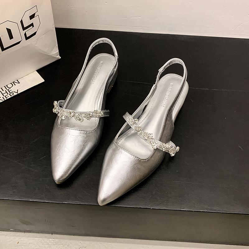One word with rhinestone sandals women's summer new bag head half drag flat shoes pointed single shoes women's outer wear
