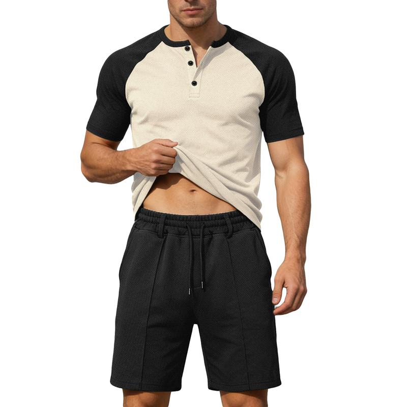 

Summer Men s Casual Fitness Sets Short Sleeve Shirt And Shorts Patchwork Henry Neck Two-Piece Suit S хакі