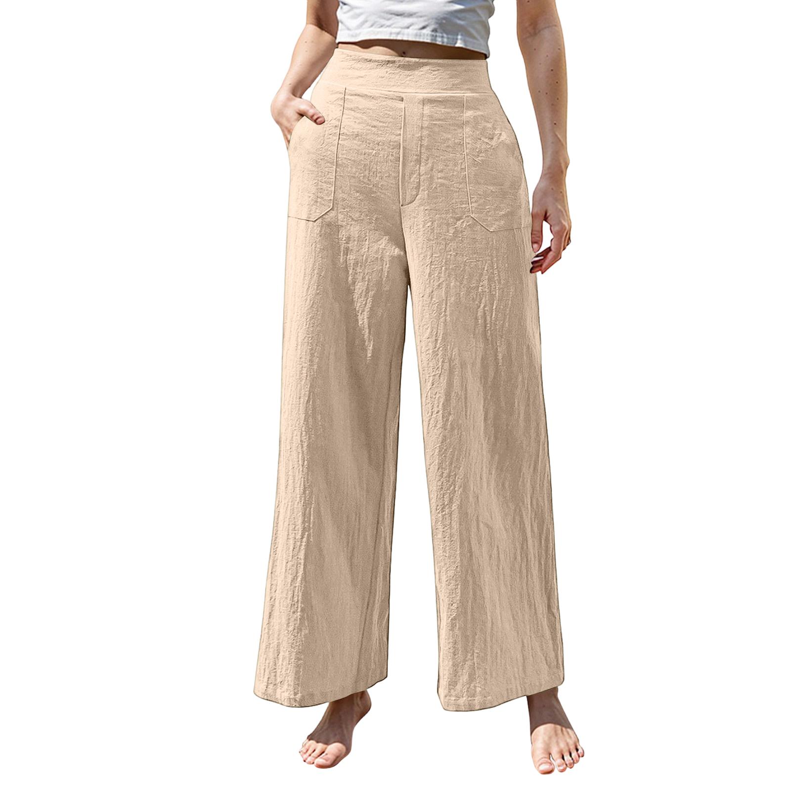 

Women s Casual Fashion Color Elastic Waistband Pocket Wide-Leg Straight-Leg Pants M хакі