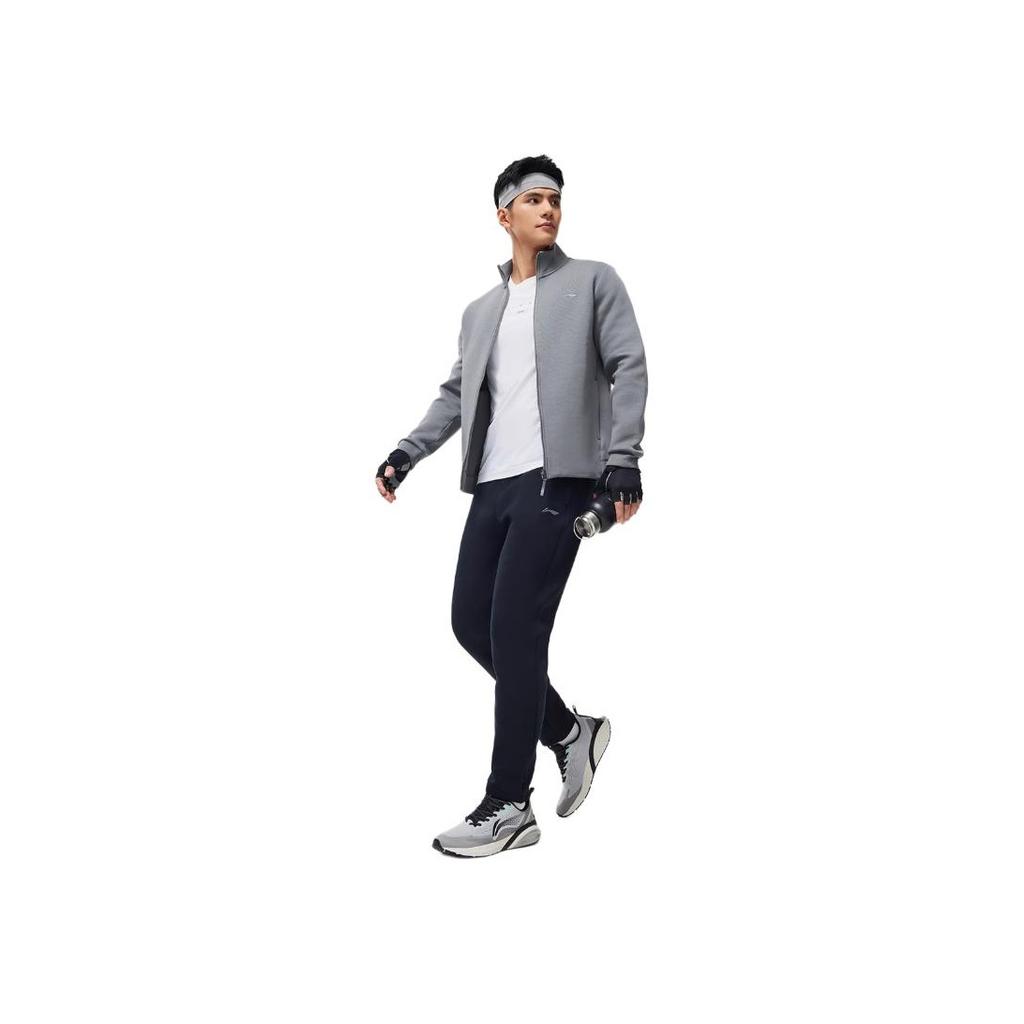 Li-Ning Série Fitness Couleur Unie Col Montant Cardigan Tricoté à Capuche Hauts Homme Gris Ombre AWDU125-3
