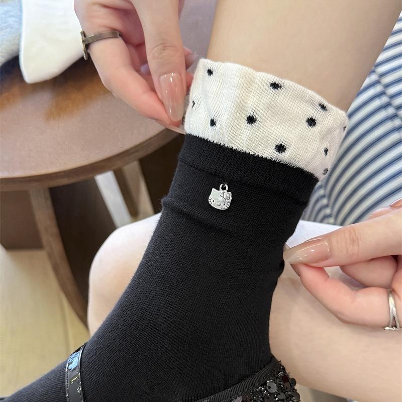 Contrasting Color Luo Kou Small Polka Dot Socks Lace Medium Tube Socks Cartoon Kt Cat Pendant Stacking Socks Jewelry Socks