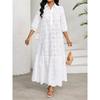 Solid Color Seven-quarter Sleeve Loose Shirt Collar Hollow Lace Temperament Dress