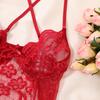 Red Crotchless Sexy Women's Underwear Lace Hollow Bow Backless Bodysuit Teddy Babydoll Erotic Costume Exotic Porn Lingerie Set