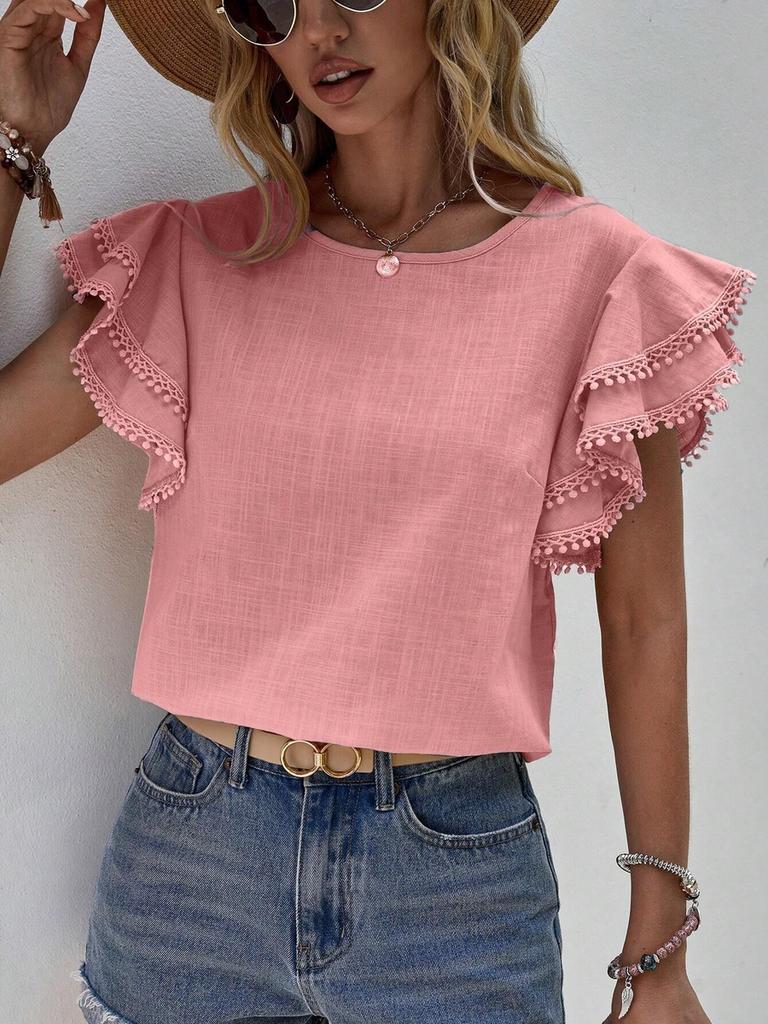 Women's Casual Round Neck Loose Summer Shirt with Ruffles Batwing Sleeves Short Sleeve Top for Women