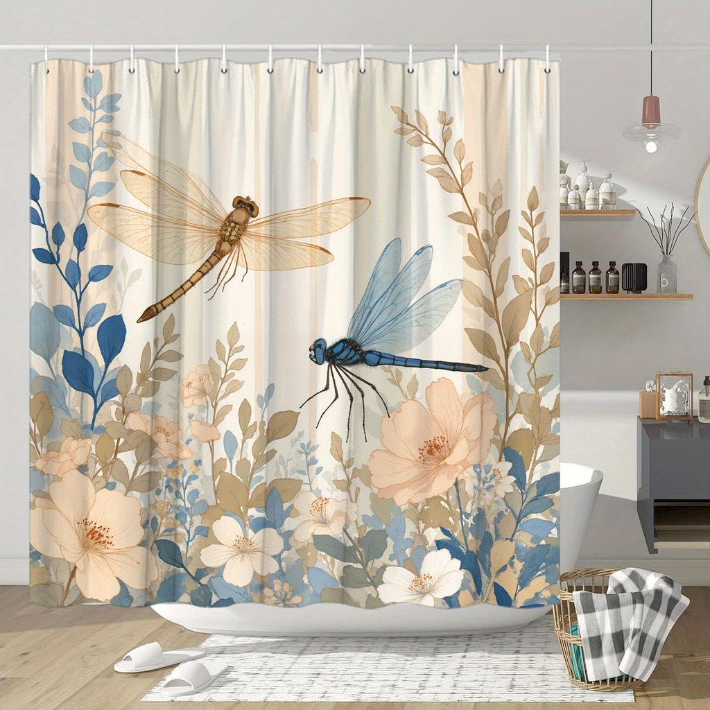 Whimsical Dragonfly and Floral Fusion Shower Curtain - Artistic Bath Decor, Perfect for Those Who Love Nature-Inspired