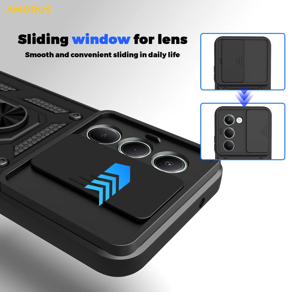 For Xiaomi Redmi 15 4G (EU) (171mm) Case Kickstand PC+TPU Phone Cover with Camera Lens Slider