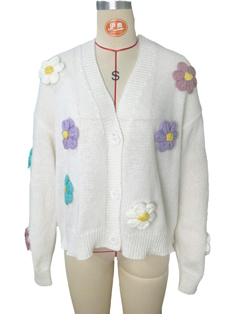 Jesienny Wzór Kwiatowy Zapinany Sweter Dzianinowy Ręcznie Zszywany Uroczy Luźny Sweter z Długim Rękawem Kobiety Mieszanka Wygodna Podszewka Długi Rękaw Sweter