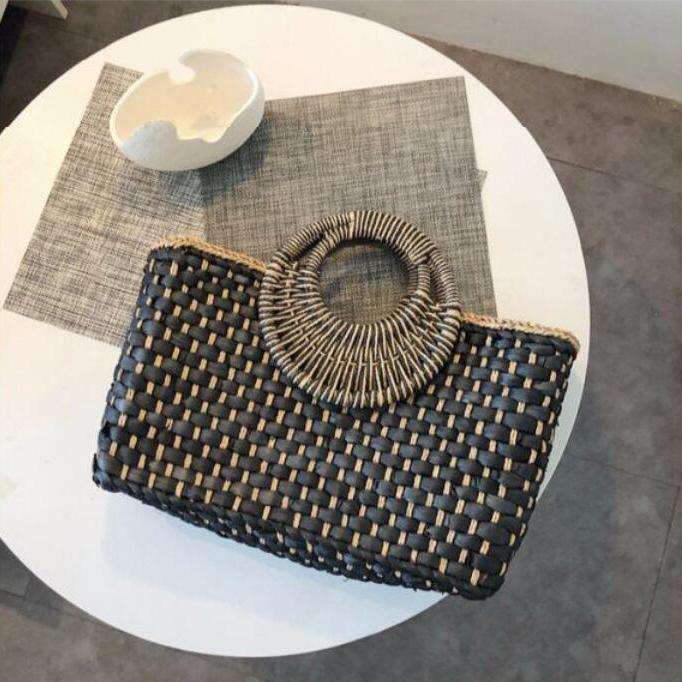 Vintage Handmade Straw Bag Women Summer Large Capacity Beach Bag Weave Handbag Vacation Rattan Handle Bag Kintted Totes