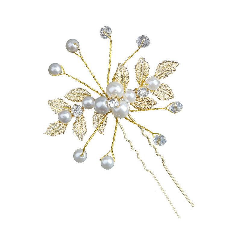 Crystal Pearl Flower Hair Pins Clips U-Shaped Hairpin Gold Leaf Pearl Hair Fork золотой