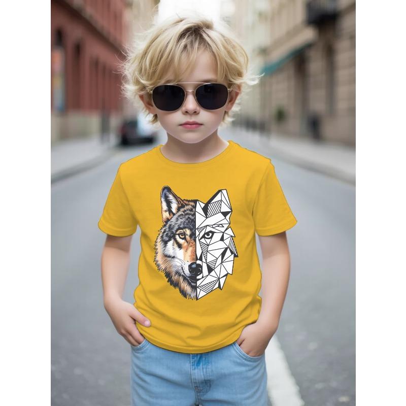 European Size Boys Round Neck Short Sleeved T Shirt with Mechanical Werewolf Pattern