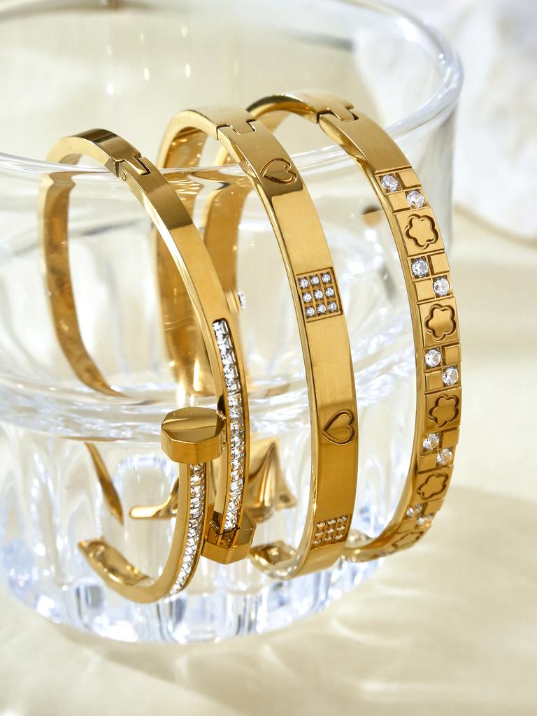 Fashion Personality Ladies Stainless Steel Five-Leaf Clover, Love Inlaid Zircon Bracelet, Double Head Inlaid Zircon Bracelet