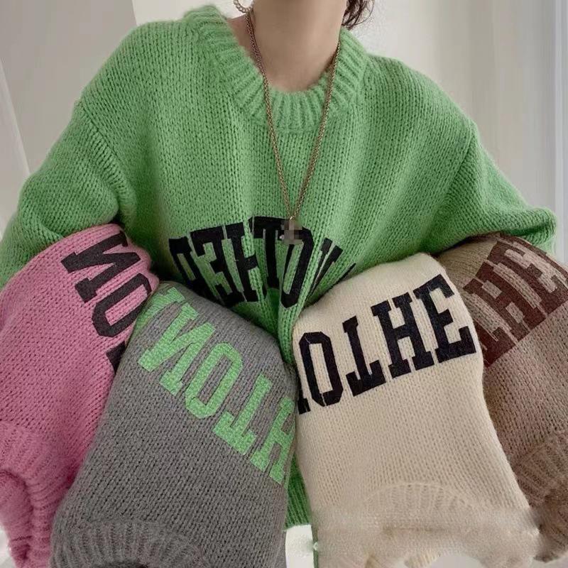 Koreanische Mode Herbst und Winter Bonbonfarben Pullover für Damen Locker Übergroß Pullover Buchstaben Gestrickte Pullover O-Ausschnitt