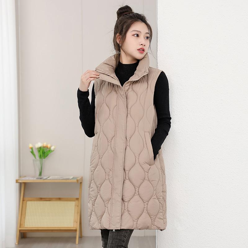 New Rhombus Grid Down Cotton Vest Women's Medium and Long Loose Hooded Vest