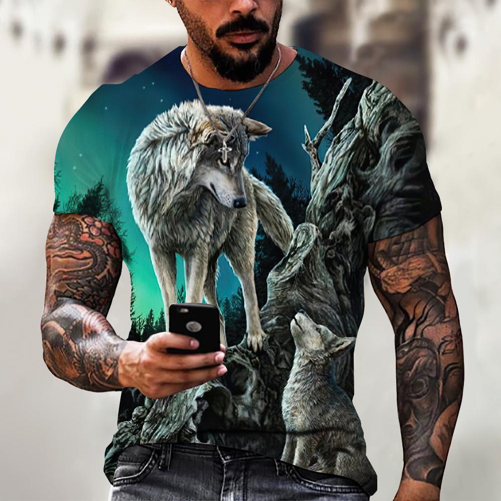 New Men's Summer T-shirt 3D Wolf Printed Short Sleeve Top Fashion Street Hip Hop Personalized Popular T-shirt Men's Clothing