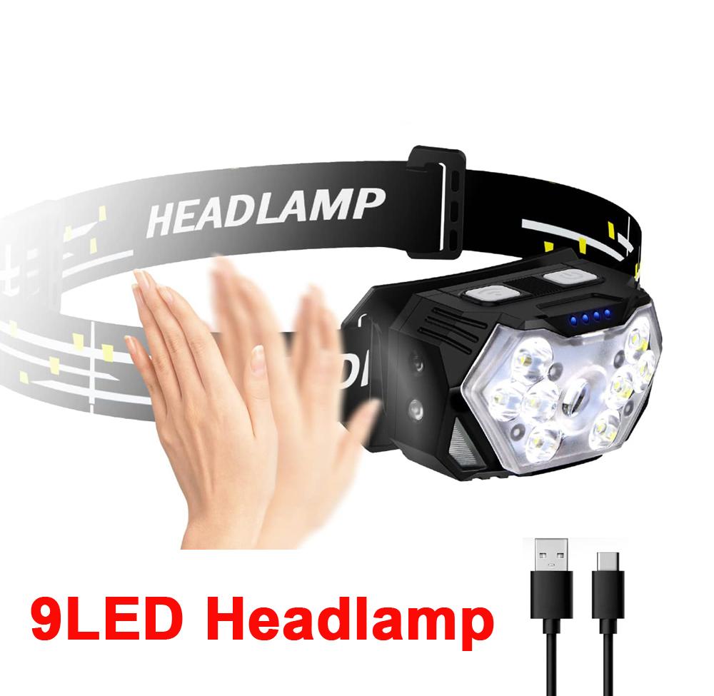 2000LM Ultra Bright 9 LED Headlamp USB C Rechargeable Headlight 10 Modes Waterproof Motion Sensor Head Lamp Work Flashlight