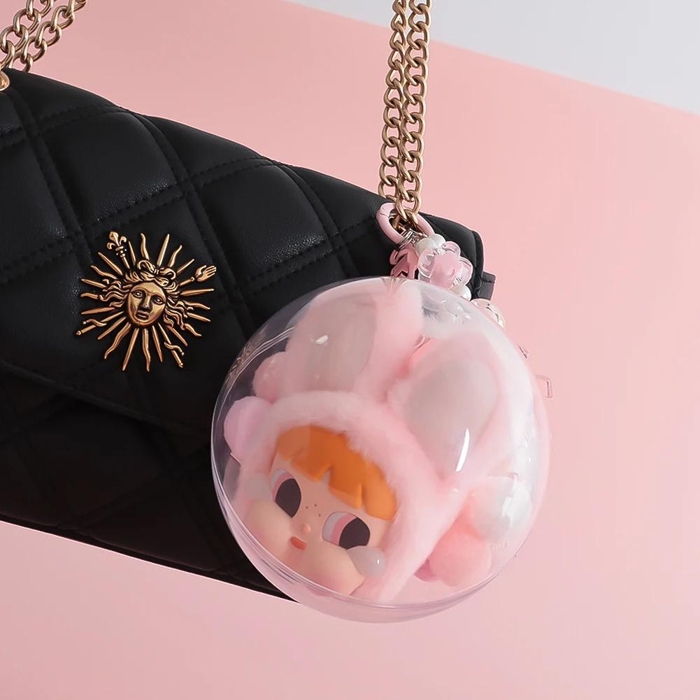 Small Doll Storage Bag Outdoor Doll Bag Keychain Portable Carrying Case Transparent Doll Display Bag with Plush Ball