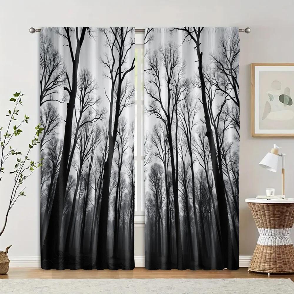 2pcs   Light Filtering Curtains Gothic Black Forest & Pine Tree Print Versatile Fabric (without Rod) Art Deco Festive Use for