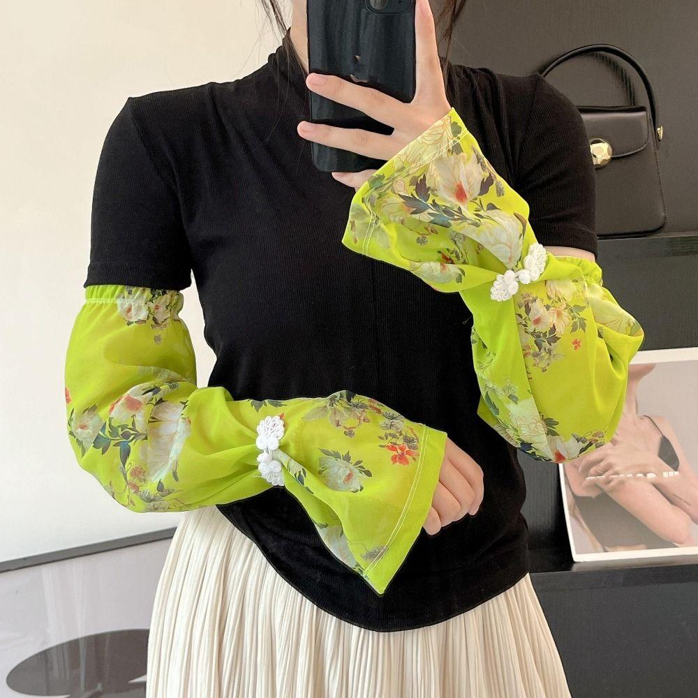 Anti-UV Printed Ice Silk Sleeves Flower Cycling Gloves Breathable Chiffon Sunscreen Sleeve  Summer