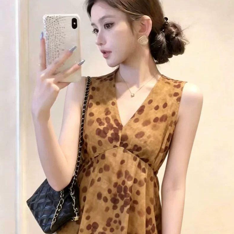 Korean Retro Brown Smudged Polka Dot Waist Sleeveless Top Suspender Vest Women's Summer High-end Short Top
