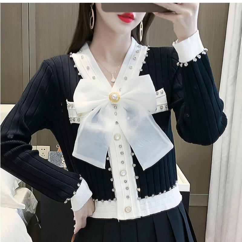 Spring Autumn Women Full Sleeve V-neck Luxury Diamond Beading Bowtie Knitted Sweater Single Breasted Cardigans Tops