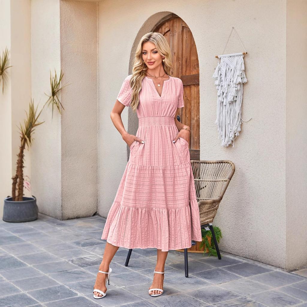 Short Sleeve V-Neck Tiered Ruffle Hem Midi Dress