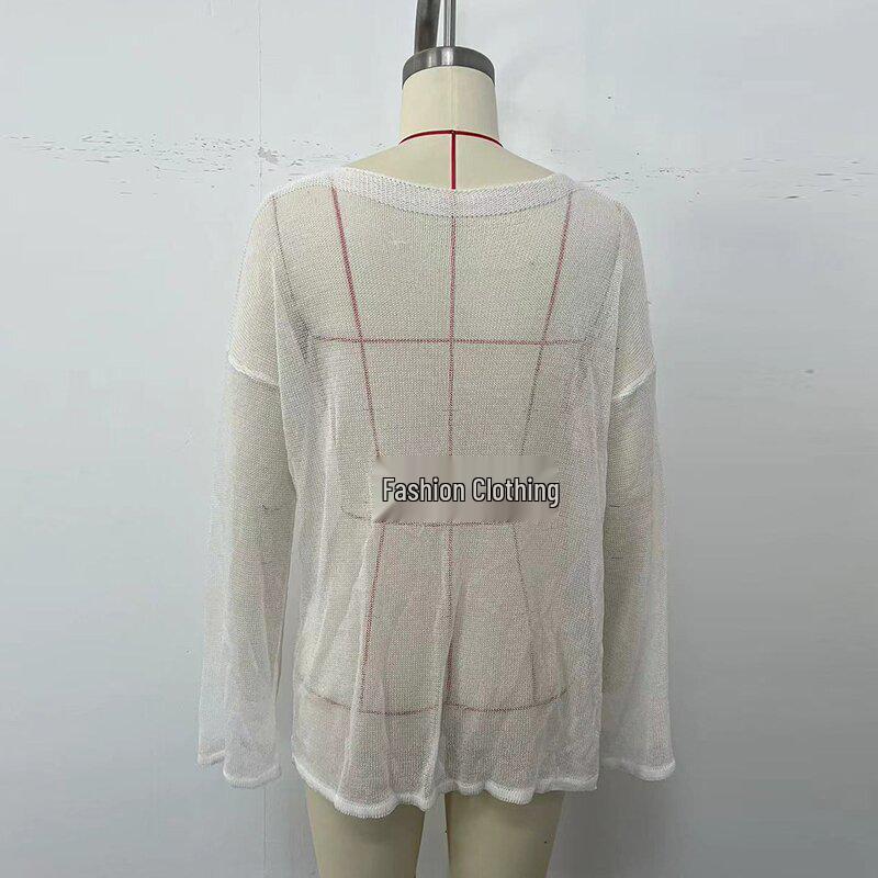 European & American Women's Sexy See-Through Loose Pullover Cardigan – Long Sleeve, Round Neck, Solid Color, Fashion Sun Protection